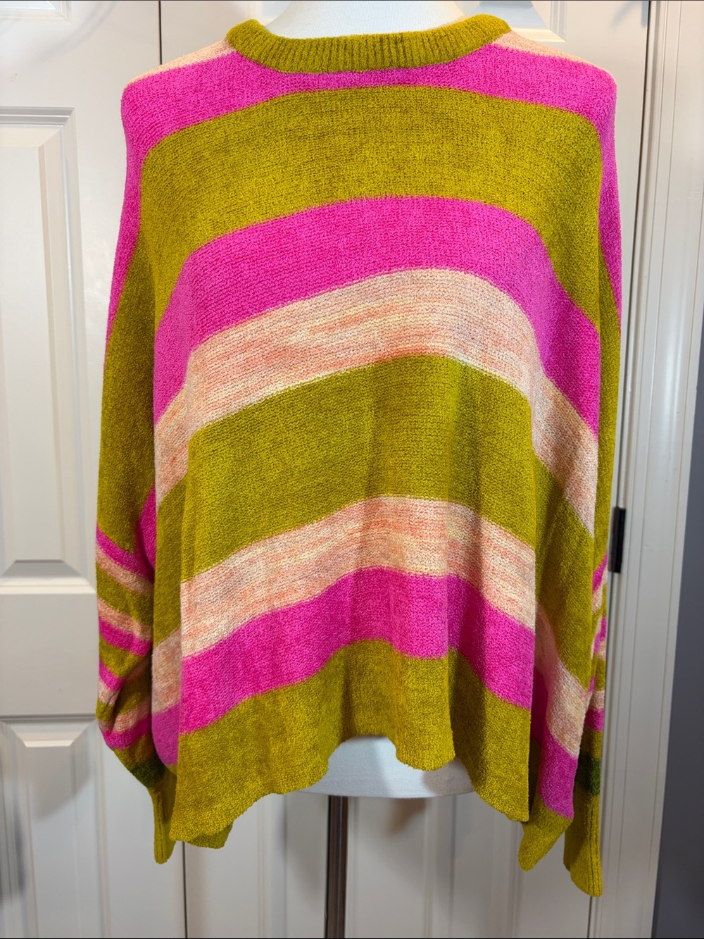 Free People Crewneck Sweater in Hot Pink, Olive Stripes